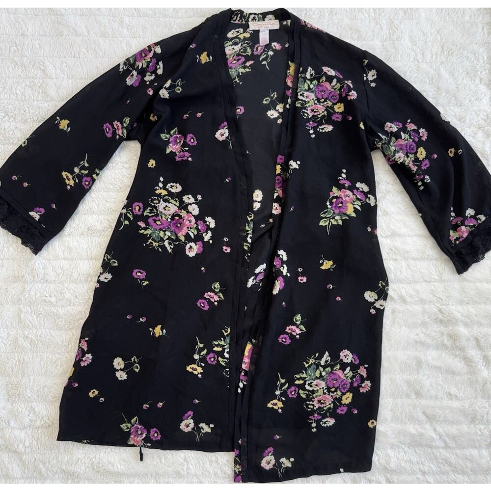 Oscar de la Renta Pink Label Black Floral Lace Chiffon Robe M flawed